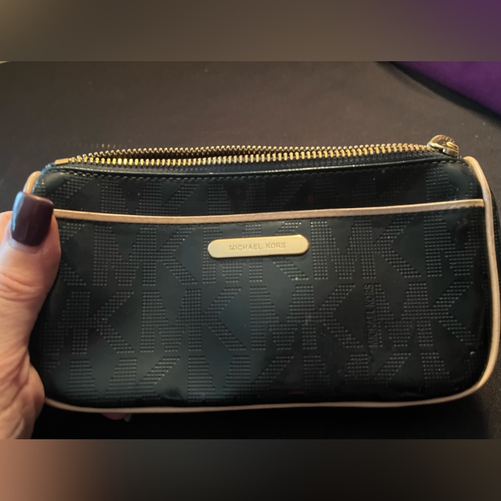 Michael Kors Black Cosmetic Pouch with Beige Trim and Gold Plate